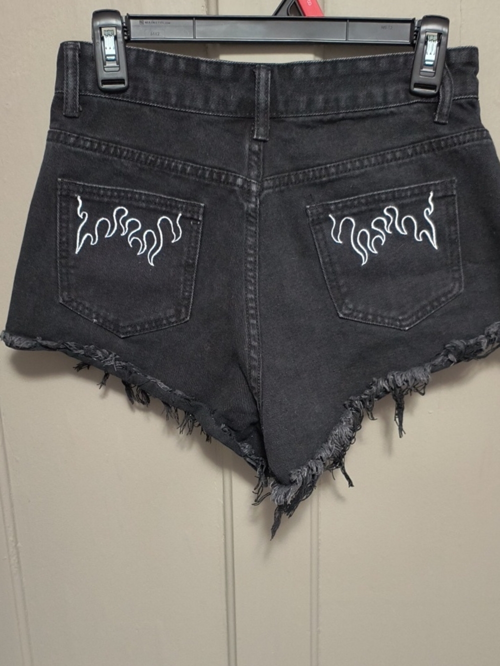 Black High-Waist Distressed Denim Shorts with Flame Pocket Embroidery